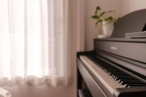 G Studio内のピアノと観葉植物のクローズアップ。柔らかいボケ感のある自然光撮影。